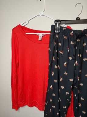 Victoria’s Secret Women’s Pajamas - Red Top with Black Fox Print Pants